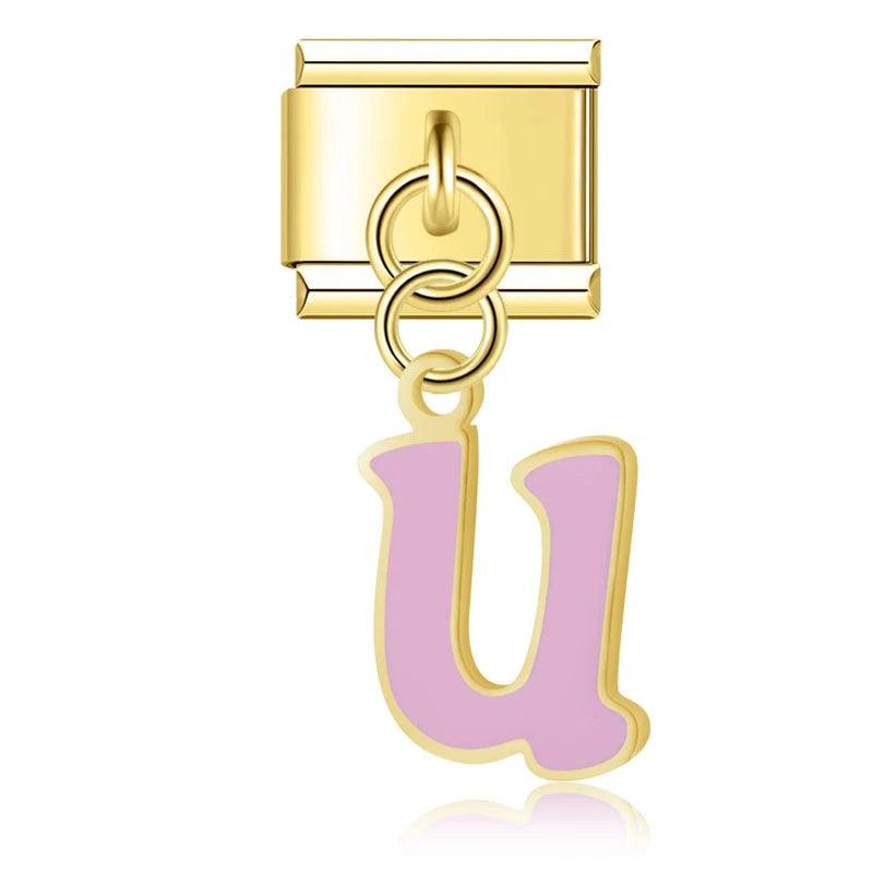 Letter U in Pink, on Gold - Charms Official